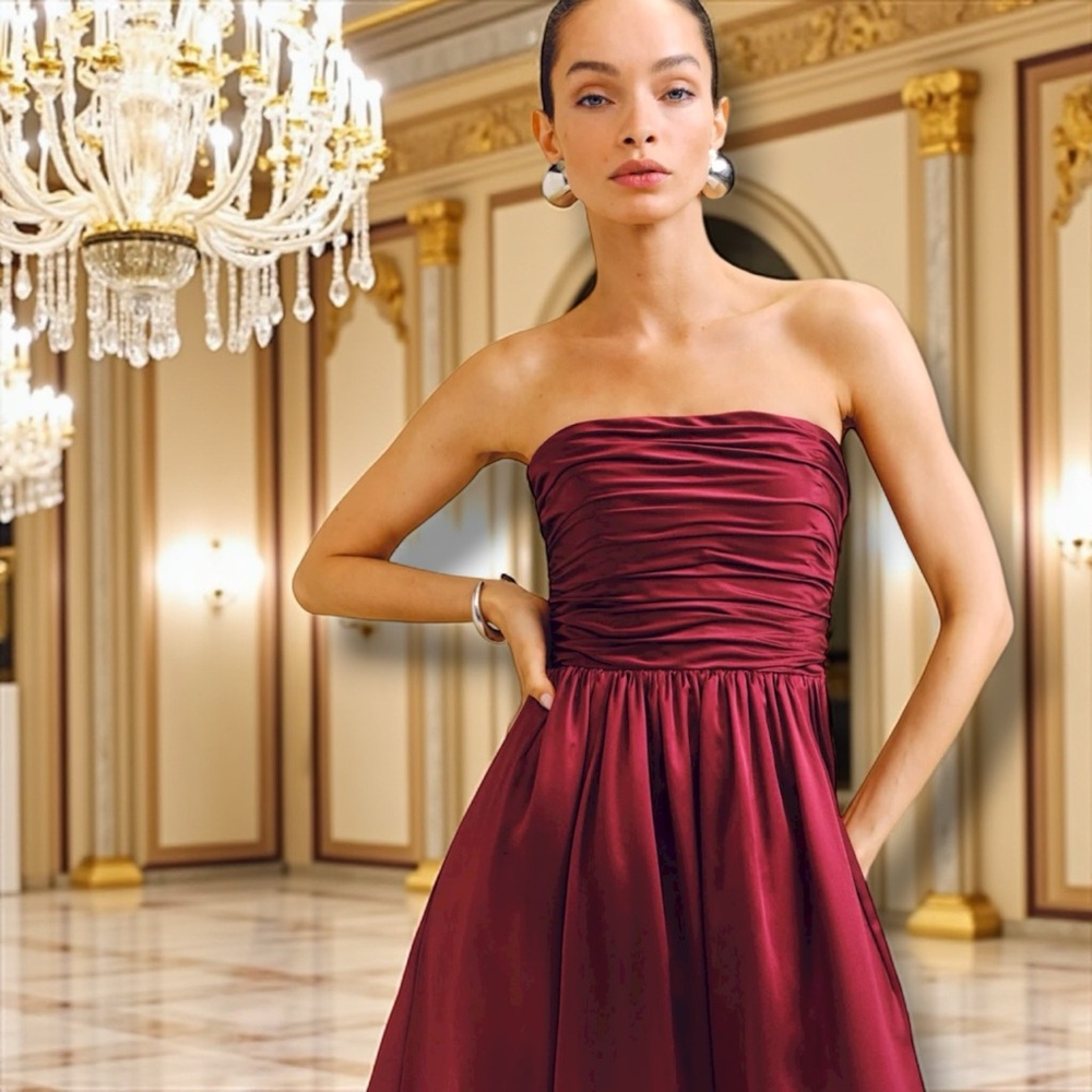 Reformation Elspeth Burgundy Strapless Dress, Size 00 - Picture 3 of 11